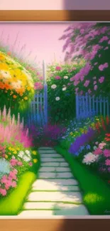 Vibrant garden path with colorful flowers in a framed artwork.