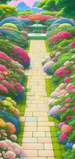 Vibrant garden path with colorful flowers.