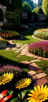 Lush garden path with colorful flowers and greenery.