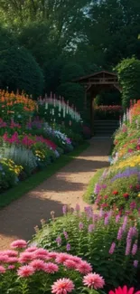 Vibrant garden path with colorful flowers and lush greenery in full bloom.