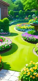 Vibrant garden path with colorful flowerbeds and greenery.