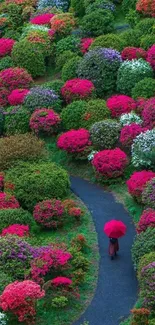 Vibrant garden walkway with colorful flowers and red umbrella.