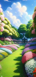 Vibrant garden pathway with colorful flowers and lush green trees under a serene sky.