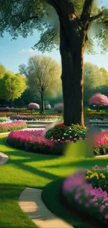 Serene garden with flowers and tree on a sunny pathway.