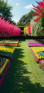 A vibrant garden pathway with colorful flowers and greenery.