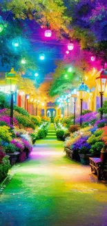 A vibrant garden path with colorful lights and lush greenery at night.