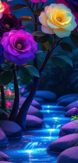 Colorful flowers and stream at night in a vibrant garden wallpaper.