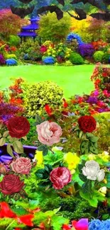 Vibrant garden with colorful flowers and greenery.