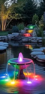 Colorful LED garden fountain at night