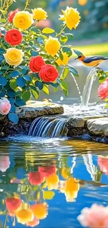 Colorful garden with waterfall and bird
