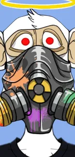 Colorful ape wearing a gas mask with vibrant background.