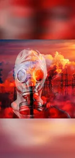 Gas mask against a fiery red sunset with industrial backdrop.