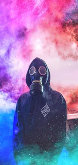 Vibrant gas mask with colorful smoke art wallpaper.