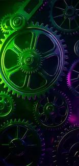 Vibrant neon gears in mechanical art wallpaper.