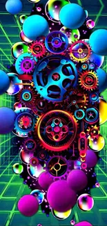 Colorful gear-themed mobile wallpaper with vibrant patterns.