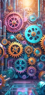 Colorful gears in steampunk design on a mobile wallpaper.