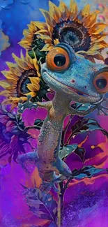 Vibrant chameleon with sunflowers wallpaper.