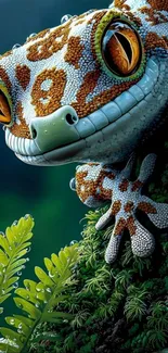 Colorful gecko on vibrant jungle background.