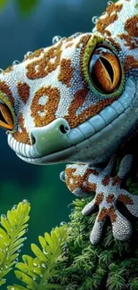 Vibrant gecko with orange patterns on a leafy branch.