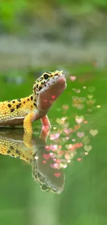 Gecko reflected in green water with heart-shaped bokeh effect.