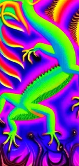 Neon green gecko on a psychedelic purple background with vibrant orange accents.