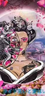 Geisha-themed wallpaper with pink hearts and intricate tattoo art.