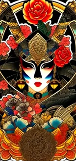 Intricate geisha art mobile wallpaper with vibrant colors and cultural design.