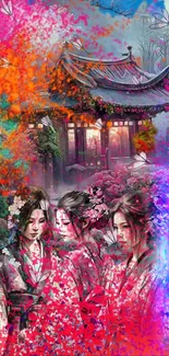 Vibrant geisha garden art with colorful blossoms and a serene atmosphere.