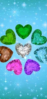 Colorful gem hearts on blue background wallpaper.