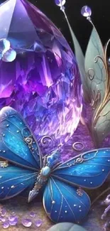 Purple gemstones and blue butterflies art wallpaper.