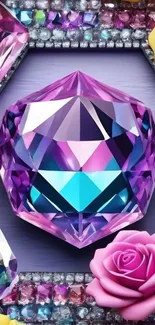 Purple gemstone surrounded by colorful roses