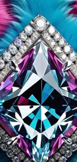 Vibrant diamond with colorful fur texture background.
