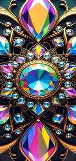 Vibrant gemstone art with colorful geometric patterns and golden accents.