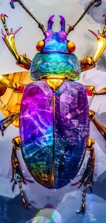 Vibrant gemstone beetle on crystal background.