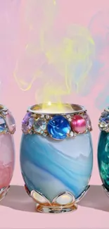 Gemstone candles with pastel smoke and colorful designs.