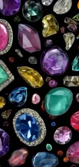 Vibrant gemstones in various shapes and colors on a black background.
