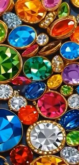 A vibrant mobile wallpaper with colorful gemstones and shiny jewels.