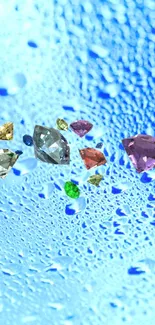 Vibrant gemstones on blue dewy background in high resolution.