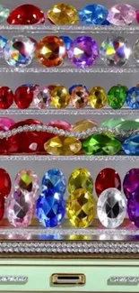 Colorful gemstones displayed in rows.