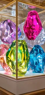 Colorful gemstone display in a museum setting.