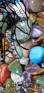 Colorful gemstones with a dragon design art wallpaper.