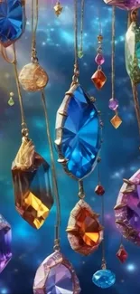 Vibrant fantasy wallpaper with colorful hanging gemstones.