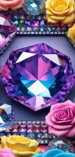 Vibrant gemstone surrounded by colorful roses and sparkling gems.