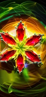 Colorful gemstone flower with vibrant green and red hues on a mobile wallpaper.