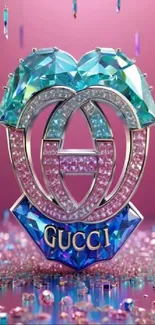 Gucci logo with gemstones on pink background.