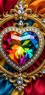 Colorful gemstone heart with gold frame on vibrant silk background.