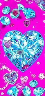 Vibrant blue gemstone hearts on hot pink background mobile wallpaper.