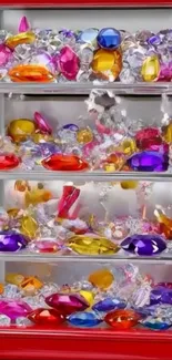 Colorful gemstone display in a showcase with vibrant red accents.