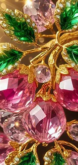 Gemstone design with pink jewels and green leaves.