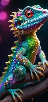 Bejeweled and colorful lizard with vibrant scales sitting on a branch.